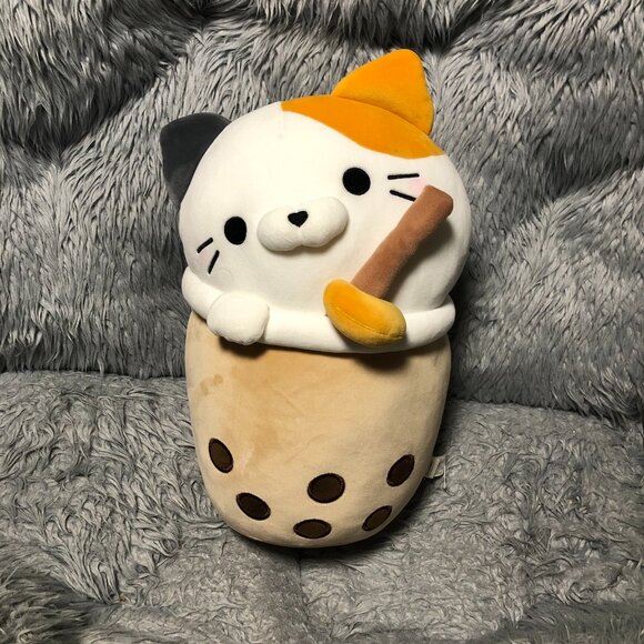 Takashoji Original Boba Milk Tea Calico Cat 13" Plush Stuffed Tan Brown White - Picture 2 of 8